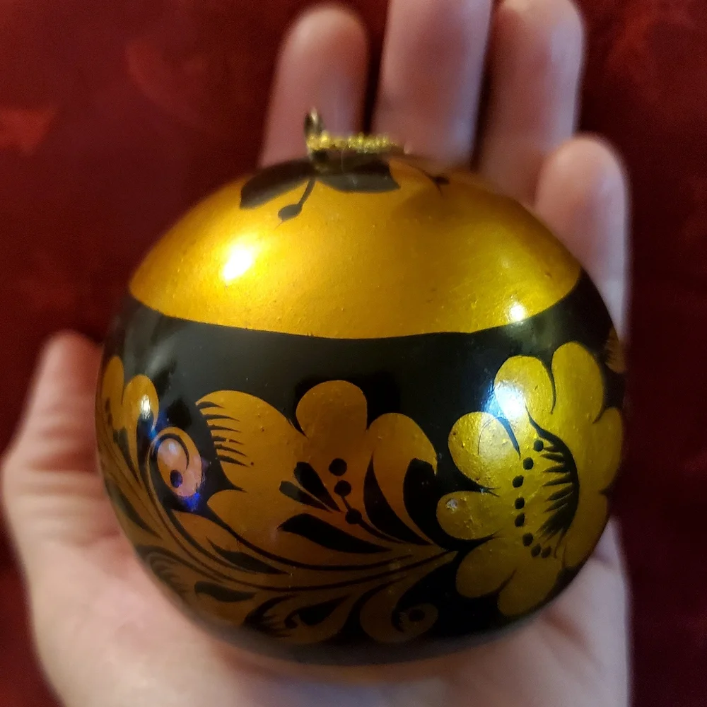 Vntg Russian "Khokhloma" Wooden, Hand Painted Christmas Ornaments, 8 Blk/Gold - Picture 9 of 16